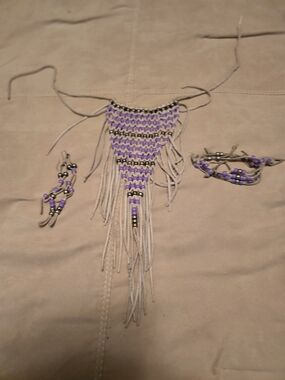 Original Native American Purple Beaded Fringe Necklace Set